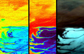 OMEGA, the combined Mars Express camera and infrared spectrometer, observed the southern polar cap of Mars on January 18, 2004, as seen on all three bands. Left: H2O, water ice. Middle: CO2, carbon dioxide. Right: Visible image of Martian south pole. Images credit: European Space Agency (ESA).