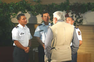 Above and below: Independent TV producer and journalist, Jaime Maussan, talking with three of the eight Mexican Air Force pilots who had been in the March 5, 2004, flight encounter with the mysterious aerial objects that showed up on radar and infrared, but could not be seen by the human eye. Photograph courtesy Jaime Maussan.