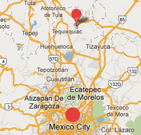 Upper red circle is Tlapanaloya, Tequixquiac,in the State of Mexico, north of Mexico City (bottom red circle). On Sunday morning, September 23, 2012, a 198-foot-diameter pattern in oats was found.