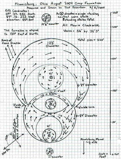 Total measured size of Miamisburg, Ohio, pictogram in tall corn was 220 feet. All plants were laid in clockwise direction. Diagram © 2004 by Ted Robertson, ICCRA.