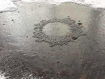 Small scale experiment by Charles Lietzau on January 14, 2004, to see what would happen if a small amount of cold water was poured on a thin layer of snow and ice. Result was 2-inch center circle of clear ice surrounded by an irregular ring of frozen slush, very similar to Mud Lake's 'splash ring.' Photograph © 2004 by Charles Lietzau, Ph.D.