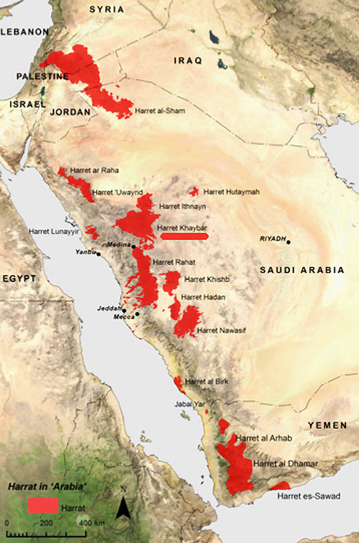 Mysterious patterns in lava rock of volcanic fields covering at least 15,000 square miles (40,000 square km) in southwestern Syria, Lebanon, Jordan, Saudi Arabia and Yemen have been found on Google Earth satellite images in the red areas above.