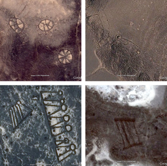 Mysterious patterns in lava rock of volcanic fields covering at least 15,000 square miles (40,000 square km) in southwestern Syria, Lebanon, Jordan, Saudi Arabia and Yemen (map below). Upper left to right clockwise: thousands of circular "wheels," long bullseye "pendants," long rectangular "gates," triangular "keyhole burials." Below: Large lines of "kites" have also been found on Google Earth satellite images. Kites date to at least 8,500 years ago and one speculation is they were used to trap and hold animals. But even that concept is controversial among archaeologists who are stunned by the blanketing of harsh, uninhabited volcanic fields by so many strange patterns, some of which run for 7 kilometers, almost 5 miles, but are only two or three feet high. Images provided by Prof. David Kennedy, UWA.