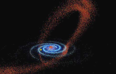 Red denotes the stars of the Sagittarius Dwarf Galaxy being devoured by our much more massive blue Milky Way galaxy, based on models that match the map of 2MASS M-giant stars. Yellow dot denotes the position of our sun and solar system. Sagittarius debris extends from the denser "core" in upper right, wrapping around the Milky Way and descends through our sun's position. Illustration by David Law, Univ. of Virginia.