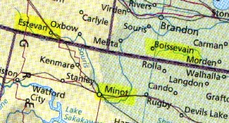 Geographic triangular pattern of crop formations: Minot, North Dakota, Boissevain, Manitoba, and Canada's longtime crop formation hotspot, Estevan, Saskatchewan.
