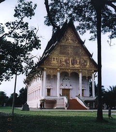 Monks house where two naga serpents guard the steps from evil. Photograph by Linda Moulton Howe.