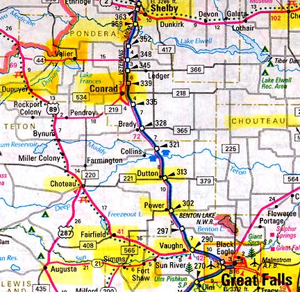  Yellow marks indicate areas of past animal mutilations between Great Falls and Pondera Counties. Conrad is the county seat of Pondera. The most recent cow mutilation occurred in Valier, 25 miles northwest of Conrad. From the early 1970s to 2006, rashes of mutilations have repeated every few years. In 2001, the Pondera County Sheriff's Office investigated fourteen cases officially reported and knew about another half dozen cases not officially reported.