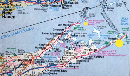 Montauk (large yellow circle) is only 1.5 miles from the Plum Island Animal Disease Center (smaller yellow circle), also known as PIADC, a U. S. Dept. of Agriculture facility “dedicated to the study of foreign animal diseases. Since 1954, the center has had the goal of protecting America's livestock from foreign animal diseases.”