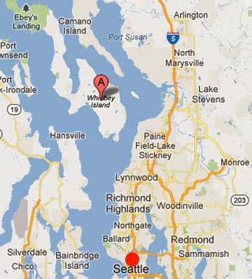 Whidbey Island is about 30 miles (48 km) north of Seattle in Puget Sound.