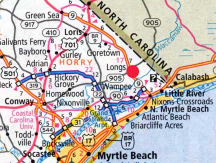 Longs, South Carolina (red circle) is near the North Carolina border northeast of Myrtle Beach, a resort town and home of Myrtle Beach AFB until its closure in 1993.