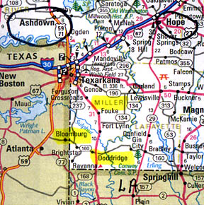 Rancher Ricky Lummus and his family have 90 acres between Bloomburg, Texas, and Doddridge, Miller County, Arkansas, near the "T-border" where Texas, Louisiana, and Arkansas come together. Hope and Ashdown, Arkansas, circled in black on the map, are areas of animal mutilation reports over the past several decades.