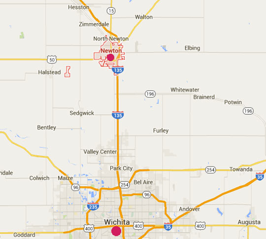 Newton, Kansas, is about 25 miles straight north of Wichita.