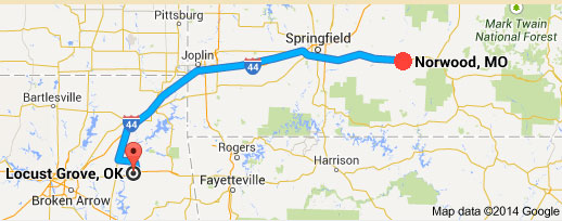 Norwood, Missouri, is 235 miles northeast of Locust Grove, Oklahoma.