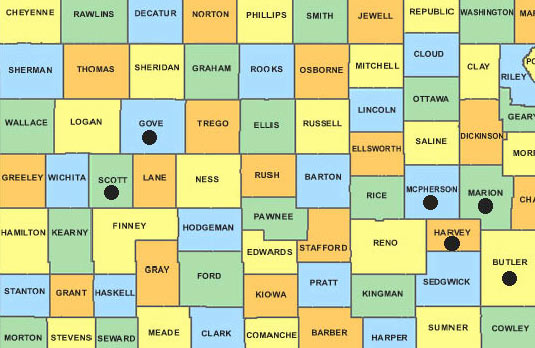 Six Kansas counties with histories of animal mutilations are marked with black circles. Harvey County Sheriff T. Walton investigated the December 18, 2015, Charolais bull mutilation in his county. That was followed by January 1, 2016, discovery of mutilated pregnant heifer in Canton, McPherson County. Sheriff Walton has now heard from other ranchers in Marion, Butler, Gove and Scott Counties about other past mutilations