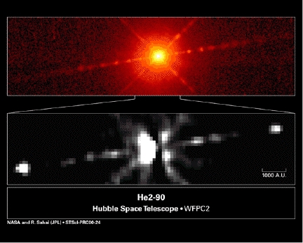 In the top Hubble photo, the longest, nearly horizontal, jets of hot gas pulse outward from both sides of a mysterious object called He2-90. (The x-shaped streaks are reflections in the telescope). In the bottom Hubble photo, enhancement of the mysterious bright object is bisected by a large, vertical disk of gas and dust. Photographs in August 2000 courtesy NASA.