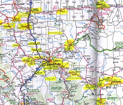 Yellow indicates the towns, counties and areas affected by animal mutilations, unidentified helicopters and mysterious aerial craft during 1974 to 1976. Twenty-seven years later, in 2001 to 2002, Pondera County and surrounding region experienced more than a dozen animal mutilations associated with unidentified lights and other high strangeness. See Earthfiles 08/18/01.