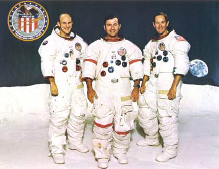 NASA Apollo 16 crew, the tenth manned Apollo mission, April 16-27, 1972. L-R: Thomas K. Mattingly, II; Commander John W. Young; Charles M. Duke, Jr. -
