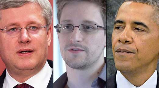 From left: Canadian Prime Minister Stephen Harper; U. S. NSA whistleblower Edward Snowden; and U. S. President Barack Obama. Image © 2013 Canadian Press/The Guardian/Associated Press.
