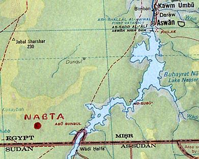 Nabta astronomical stone circle and megaliths are 100 kilometers (62 miles) west of Abu Simbel (Sunbul) in southern Egypt's Sahara Desert far west of the Nile River.