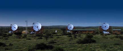 High Energy Stereoscopic System (H.E.S.S.) system of Imaging Atmospheric Cherenkov Telescopes for investigation of cosmic gamma rays in the 100 GeV energy range. First operation began in Summer 2002 in Gamsberg, Namibia. Image courtesy H.E.S.S.