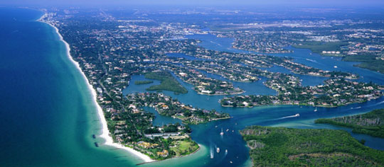 Naples, Florida, is the county seat of watery Collier County where its western border (left above) is the Gulf of Mexico.