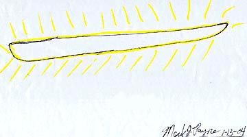 After the two unidentified aerial objects came together, a bright, long bar appeared before changing back into the bell-with-wings. Drawing © 2004 by Mark J. Payne.