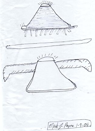Original sketches on January 9, 2004, after Mark Payne, his family and neighbors watched unidentified aerial objects in Napoleon, Michigan, that kept changing shape from a "bell" emitting short beams to a long bar of light to green wings sprouting from the bell-shaped object.Drawing © 2004 by Mark J. Payne.