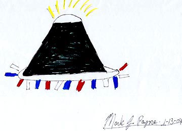 One of two unidentified aerial objects that circled each other and changed shape from 8-9 p.m. ET on January 9, 2004, Napoleon, Michigan. Drawing © 2004 by Mark J. Payne.