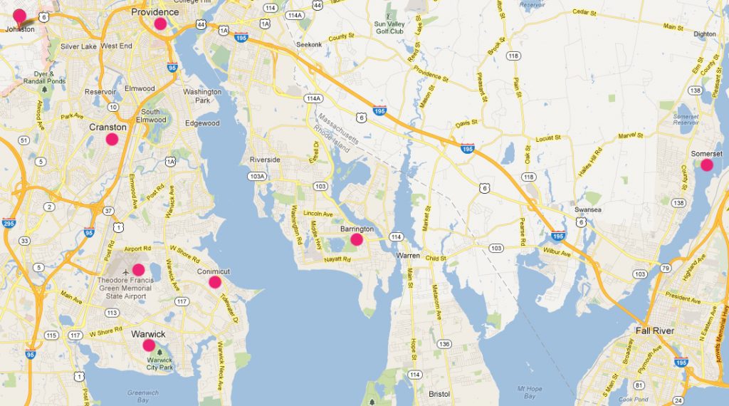 Click on map to enlarge. The red circles on the map show: Cranston, RI, region south of Providence and Johnston, October 17, 2012, at 5:10 p.m., loud “boom”;  then T.F. Green Airport about 6 miles north of Warwick where on October 25, 2012, at 7:30 AM, a plane radar blip disappeared; then Warwick northeast to Conimicut, RI, on December 3, 2012, first at 6:00 to 6:15 PM EST, a “dark sky blue disk with a black center” appeared; followed at 11:25 PM EST from Warwick and Conimicut to Barrington, Rhode Island, and Somerset, Massachusetts, hundreds of residents reported a very loud explosion-type sound followed by a strange hum for a long time afterward.