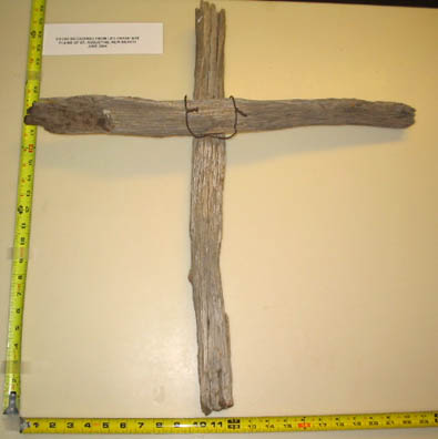 Old, weathered wooden cross that investigator Art Campbell found at alleged UFO crash site on the Plains of San Agustin southeast of Socorro, New Mexico. Photograph © 2004 by Chuck Wade.