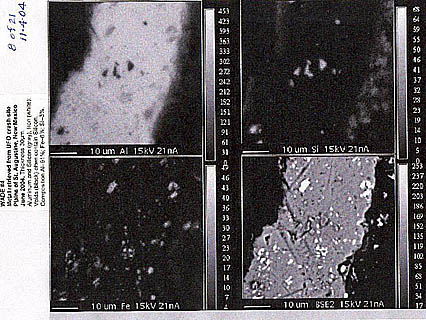 Component spectra analysis of metal retrieved from UFO crash site, Plains of St. Agustine, New Mexico, June 2004. Bottom right is summary image of way metal looks under a microscope. Upper right image filtered for silicon which shows as bright triangular bits. Lower left white specks are iron. Upper left light grey filtered for aluminum; silicon bits changed to dark.