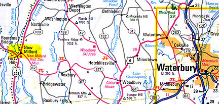 New Milford is about twenty miles west of Waterbury, Connecticut.