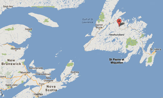 Dawes Pond and Powerhorn Lake are about four miles apart  at the Google map pointer near Badger, Newfoundland, Canada.