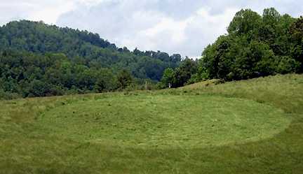 North Carolina's first discovered 2005 grass circle was in Green Mountain, Yancey County, reported June 13, 2005 by Steve Hardin. The diameter was 176 feet on a steep hillside. Photograph © 2005 by Steve Hardin.