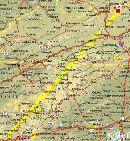 Mars Hill, Jupiter (nearby but not on map), Burnsville in the southwest of the straight line that extends through Virginia, and eventually to Oakvale, West Virginia, where another straight line of 2004 Ohio crop formations intersects the 2005 North Carolina line. Map by Jeffrey Wilson. ICCRA.