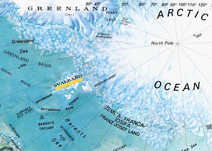 Svalbard archipelago underlined in yellow north of Norway, not far from the North Pole. The Noah Ark seed vaults will be built inside a mountain outside Svalbard.