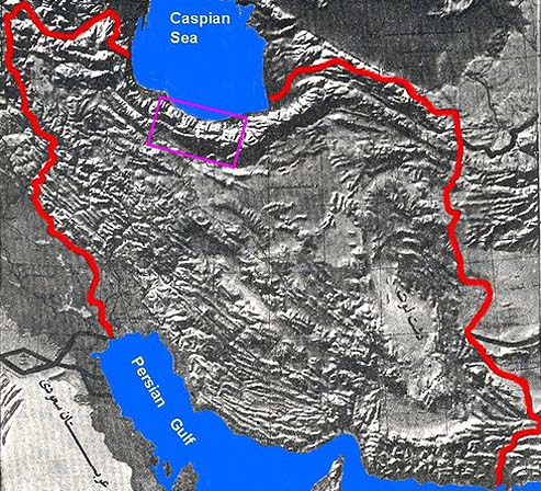 The orchid-colored rectangle is the Takht-e-Soleiman (Soleyman) massif region of 160 peaks above 4,000 feet in northern Iran.