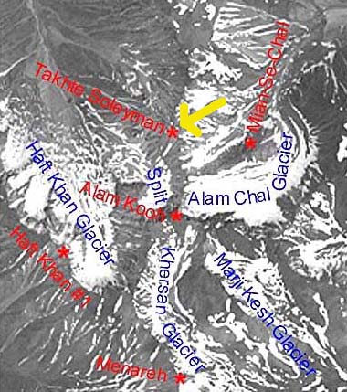The yellow arrow points to the Takht-e-Soleiman (Soleyman) massif which has 160 distinct peaks above 4,000 meters (above 13,000 feet) in the Elborz mountain range of northern Iran. The B.A.S.E. Noah's ark expedition trekked to a 15,000-foot peak there in July 2005 and June 2006 and found the unusual dark rock outcrop below.