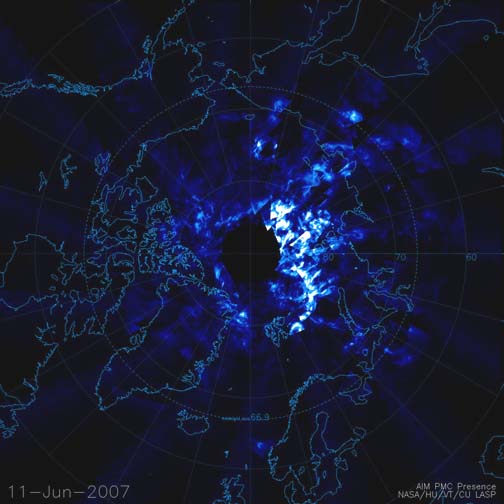 The NASA Aeronomy of Ice in the Mesosphere ( AIM) satellite has captured the first occurrence in the 2007 summer of mysterious shiny polar clouds called "noctilucent clouds" that form 50 miles above Earth’s surface. AIM satellite image courtesy NASA.