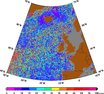 From the lower left of the graph upward toward the brown and gray British Isles and western Europe, the measured buoy speeds of Atlantic current trajectories are color-coded from low speeds in purples and dark blue colors to high speeds in red and magenta. Major North Atlantic Drift currents are clearly visible in these plots with concentrated "ribbons" of red and pink. For more data, see: Oceancurrents.