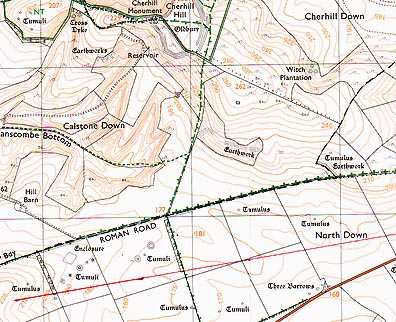 Several tumuli (mounds) along an old Roman Road in the North Down of Wiltshire, England are aligned with Silbury Hill to the east near Avebury, sacred sites dating back at least 4,500 or more years.