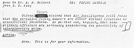 October 27, 1952 Office Memorandum from V. P. Keay at the Federal Bureau of Investigation to FBI Agent A. B. Belmont summarizing Air Intelligence communication about flying saucers and "seriously considering the possibility of interplanetary ships." Document from The UFO/FBI Connection © 2000 by Bruce S. Maccabee with permission.