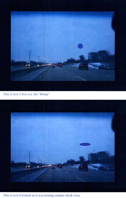 John Smith: "This car window photo I took to illustrate for you at about the same time I saw the huge "blimp" object on Nov. 7th, between 6 and 6:30 a.m. There is normally that much traffic in the AM. The way I remember it, I could only compare it to being the size of a Zepplin. It was huge, I would say at at least 1000's of feet, if not miles in size."  For illustration, on January 31, 2007, John Smith took car window photo on which he placed graphic of "blimp" object as he saw it.