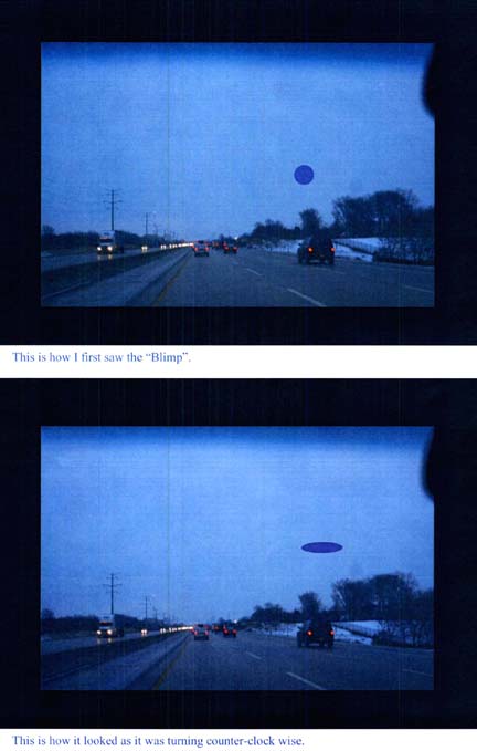 John Smith: "This car window photo I took to illustrate for you at about the same time I saw the huge "blimp" object on Nov. 7th, between 6 and 6:30 a.m. There is normally that much traffic in the AM. The way I remember it, I could only compare it to being the size of a Zepplin. It was huge, I would say at at least 1000's of feet, if not miles in size." For illustration, on January 31, 2007, John Smith took car window photo on which he placed graphic of "blimp" object as he saw it.
