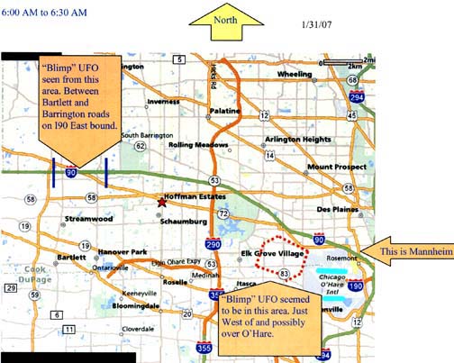 November 7, 2006, between 6 and 6:30 a.m., John Smith driving on I-90 East toward Chicago O'Hare International Airport highlighted in light blue. "Blimp UFO" seemed to be slightly west of the airport. Map by John Smith.