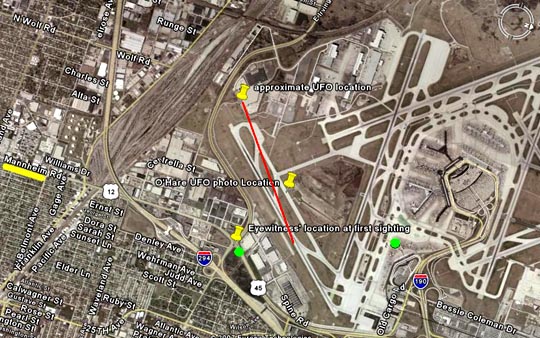 Google map with graphic overlays by Jane Doe to help orient her driving and international parking lot locations (green dots); estimated aerial location of the pearl-surfaced UFO and estimated location of camera that took image of disk in upper right frame (yellow punch pins on runway; and Manheim Road referenced in her interview.