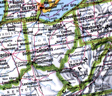 Ohio in 2003 has had UFO reports from Hamilton in the south to Akron and Canton in the north and the Columbus region, including Gahanna. Crop formations were found in the Chillicothe region of large, ancient earthworks such as the Serpent and Seip Mounds.