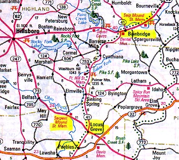 The first August 24, 2003, soybean formation was reported by Delsey Knoechelman a half mile from the Serpent Mound in Adams County going toward Locust Grove, Ohio. The second "Mercedes-Benz" pattern reported around September 9, 2003, was found four miles east of the Seip Mound outside Bainbridge, Ohio. The third Triskelion pattern at Paint Creek in Ross County was first seen by a pilot the end of August 2003, about two miles east of the Seip Mound. 