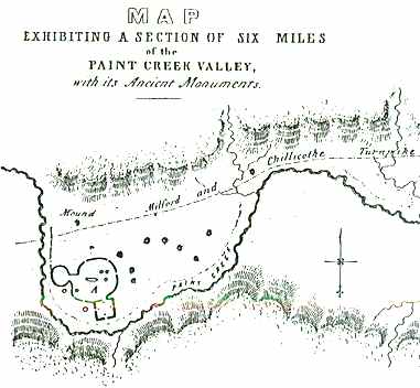 Squire & Davis map dated 1847 of the Paint Creek Valley in Ohio that contains at least fifty ancient mounds between the Seip Mound labeled "A" and Chilicothe about ten miles east.
