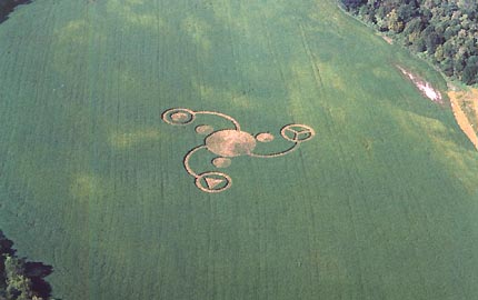 Paint Creek Island, near Bainbridge in Ross County, Ohio, formation in soybeans about 30 miles from the Serpent Mound pattern - both probably occurred around same date of August 24, 2003. Aerial photograph © 2003 by Dan Music and Jeffrey Wilson.